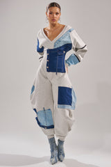 COMFY COZY SWEATSHIRT JUMPSUIT IN PATCHWORK DENIM