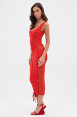 LET ME REMIND YOU LACE UP MESH MIDI DRESS IN RED