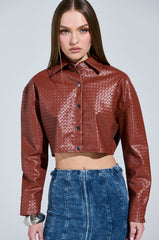 LUXURY GIRL WOVEN PU CROPPED BUTTON UP SHIRT