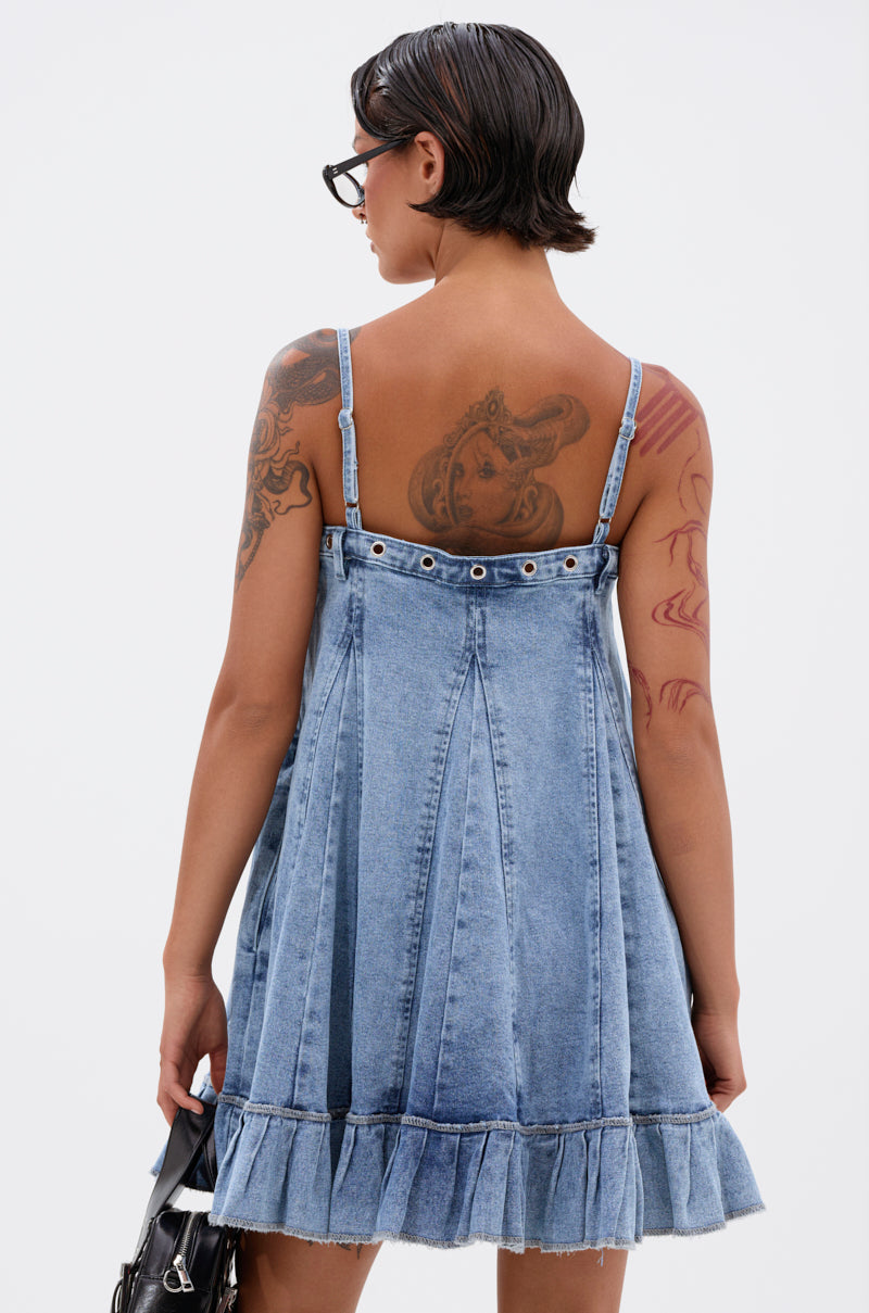 PLEATED UP MINI DRESS IN DENIM