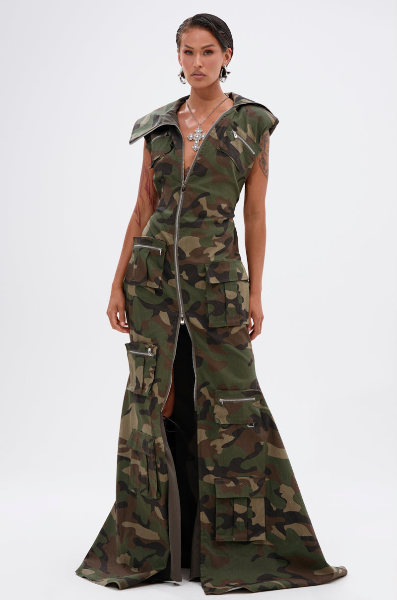 NOW YOU SEE ME CAMO PRINT MAXI DRESS