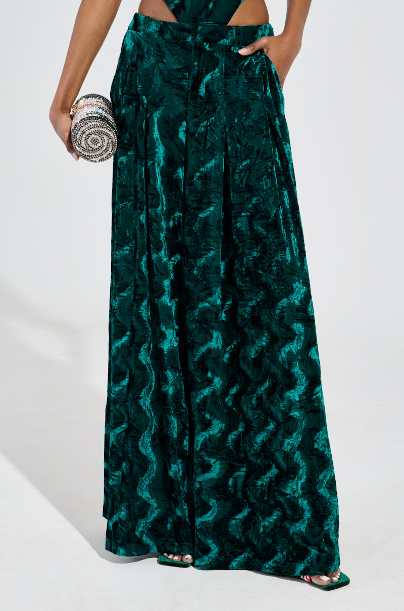 GREEN WITH ENVY VELVET WIDE LEG TROUSER