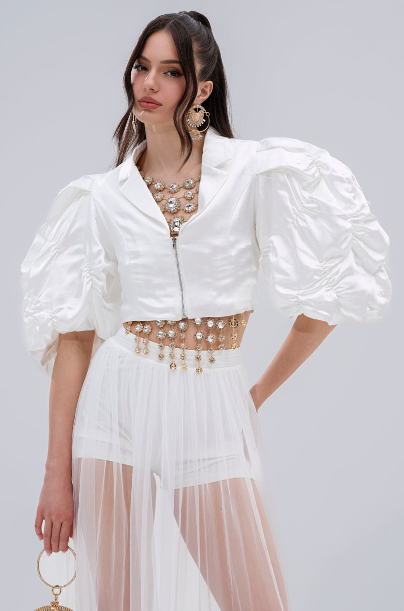 HERE FOR A GOOD TIME RUFFLE SLEEVE BLAZER