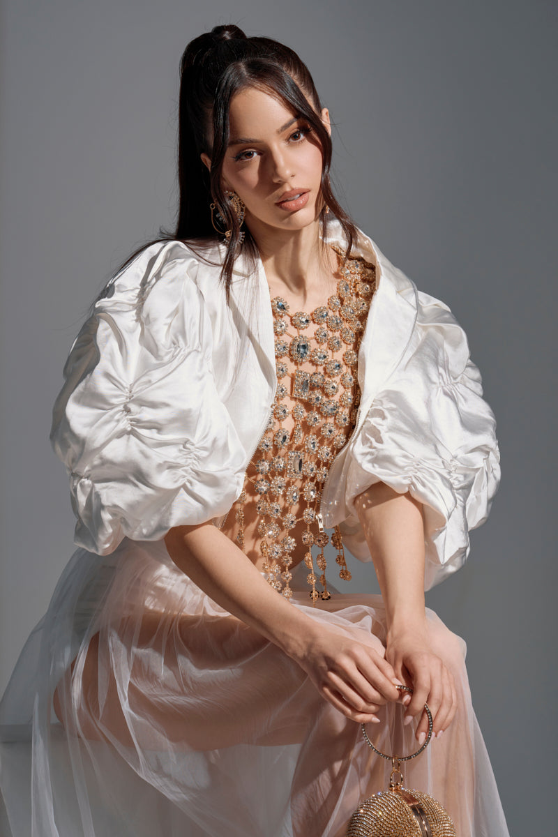 HERE FOR A GOOD TIME RUFFLE SLEEVE BLAZER
