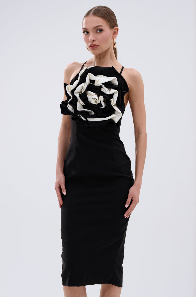 MAYBE SOMEDAY MIDI DRESS WITH FLOWER APPLIQUE