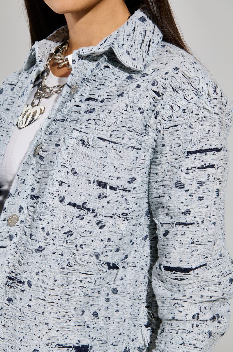 NEVER LOSE ME DISTRESSED BUTTON DOWN LIGHT BLUE DENIM SHIRT