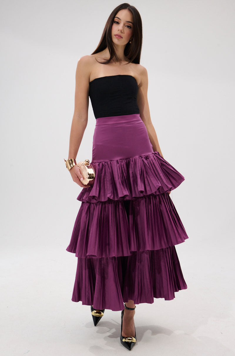 DANCE AROUND WITH ME PLEATED MAXI SKIRT IN PLUM