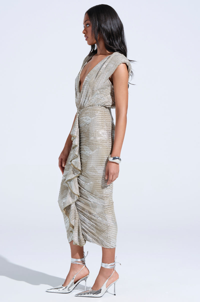 I DO WHAT I WANT METALLIC MIDI DRESS IN BEIGE