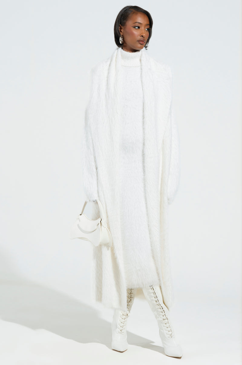 KYLIE FUZZY MIDI DRESS IN WHITE