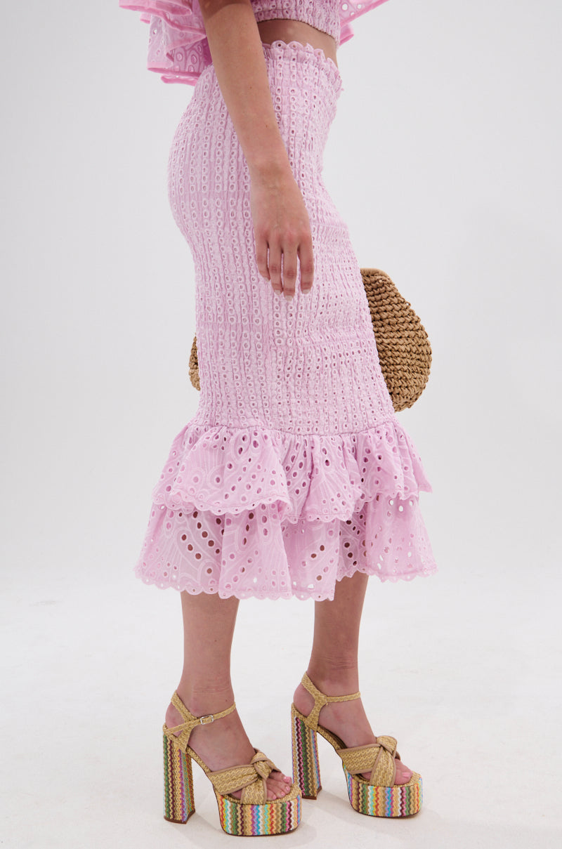 LOLLI EYELET MIDI SKIRT IN PINK