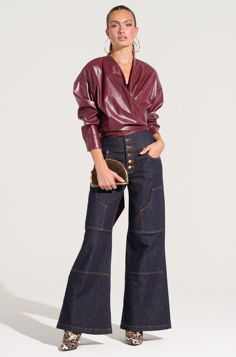 DYLAN FAUX LEATHER WRAP FRONT BLOUSE