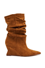 AZALEA WANG ASAF RUCHED WEDGE BOOTIE IN TAN