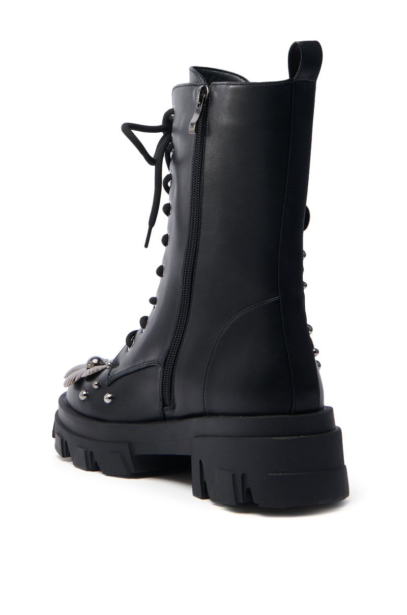 AZALEA WANG ORQUIDEA BLACK FLORAL EMBELLISHED COMBAT BOOTIE