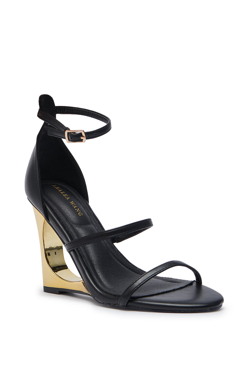 AZALEA WANG AYYAR BLACK GOLD WEDGE HEEL SANDAL