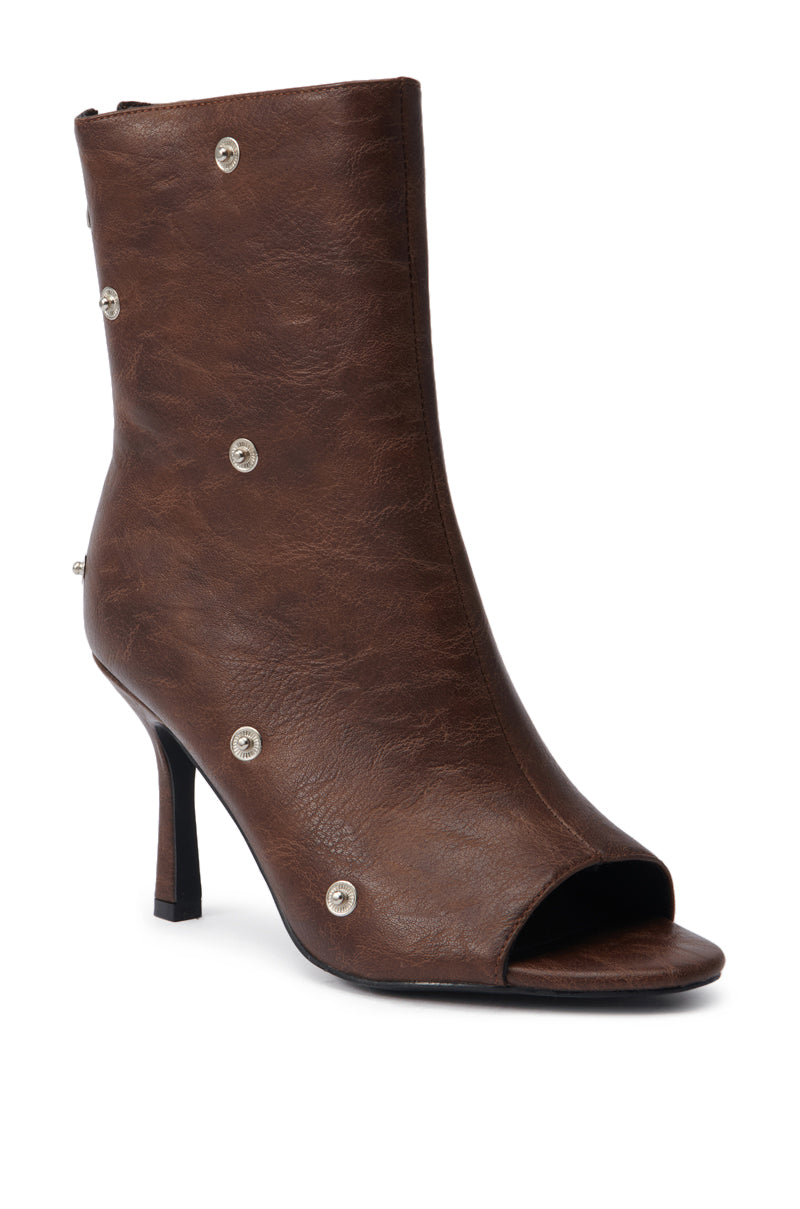 AZALEA WANG BIRD SONG BROWN SNAP DETAIL OPEN TOE BOOTIE