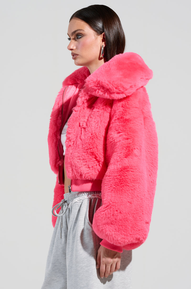 DREW FAUX FUR BOMBER IN HOT PINK