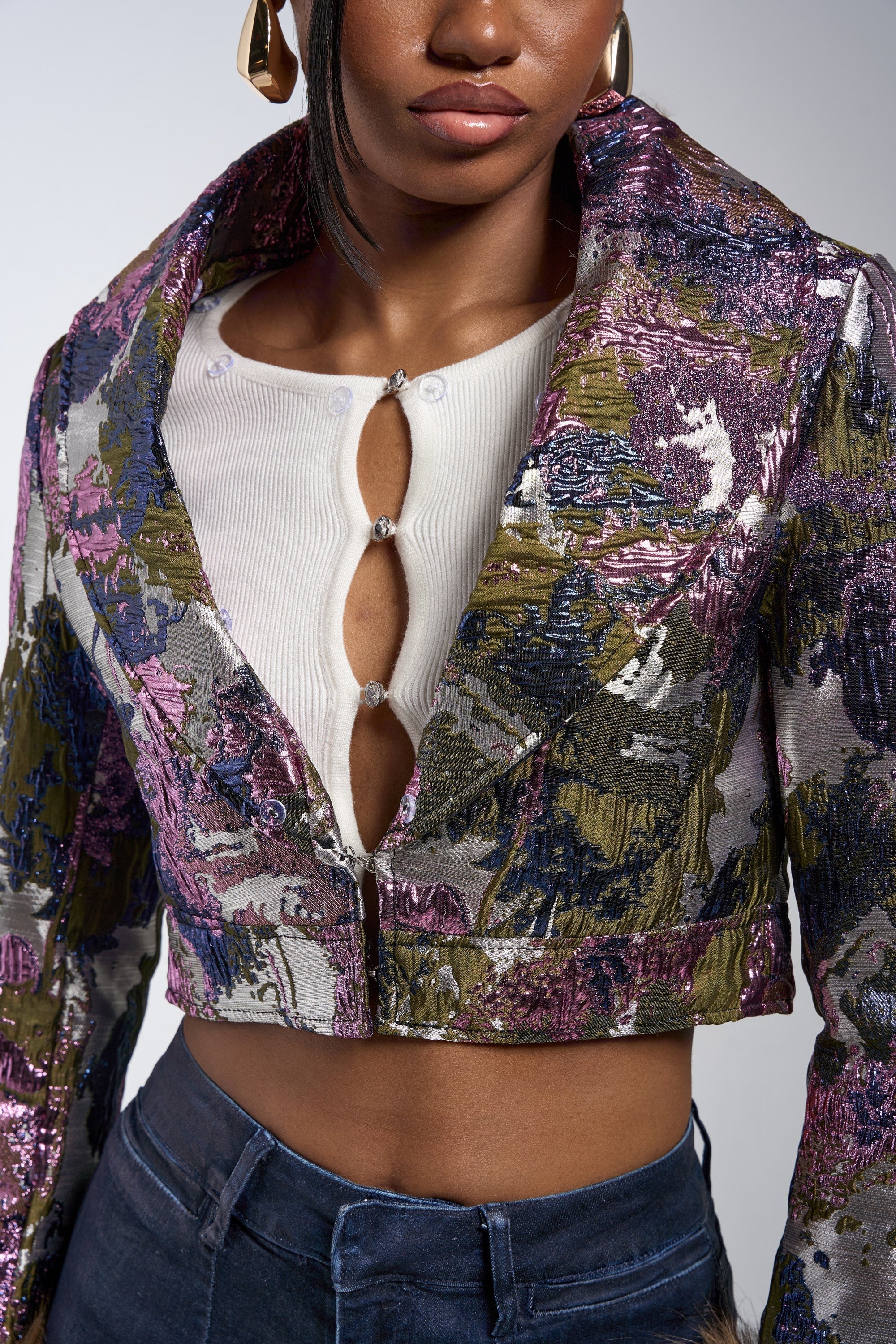 GISELE FUR TRIM MOTO IN BROCADE