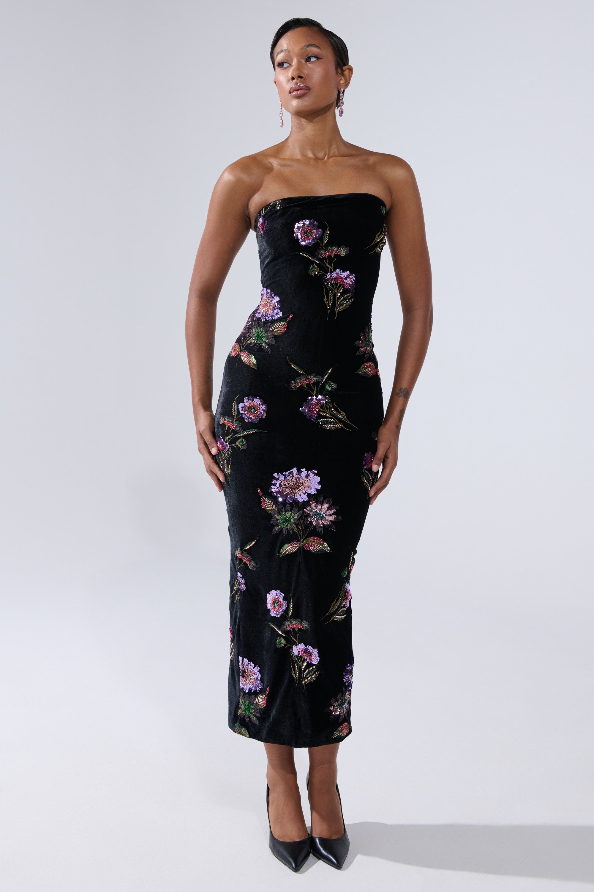 LUNA BEADED FLORAL VELVET MIDI DRESS