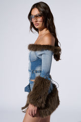 FRANCESCA FUR TRIM OFF SHOULDER DENIM TOP