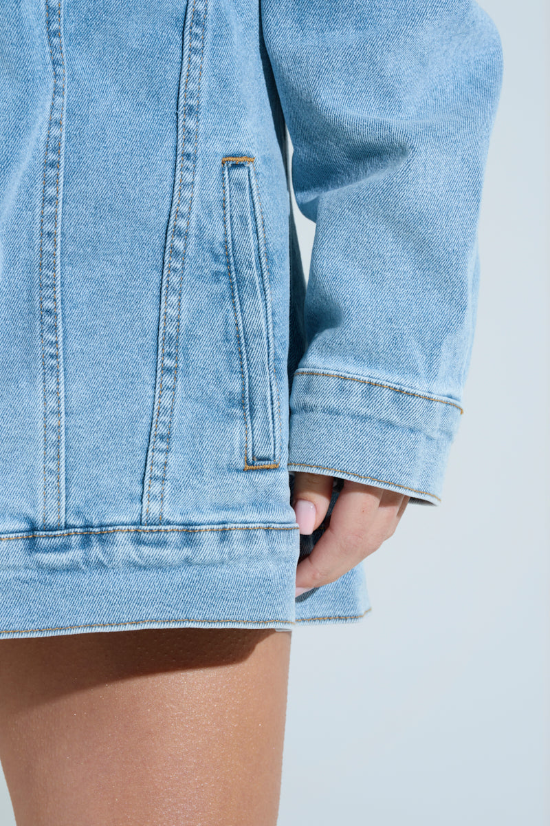 CHIC AF DENIM MINI DRESS WITH FEATHERS