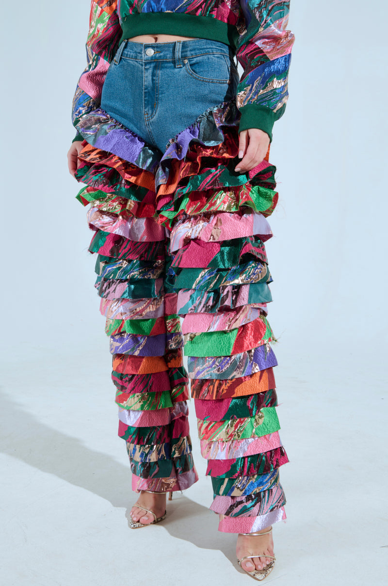 LIFE IS BUT A DREAM BROCADE RUFFLE DENIM