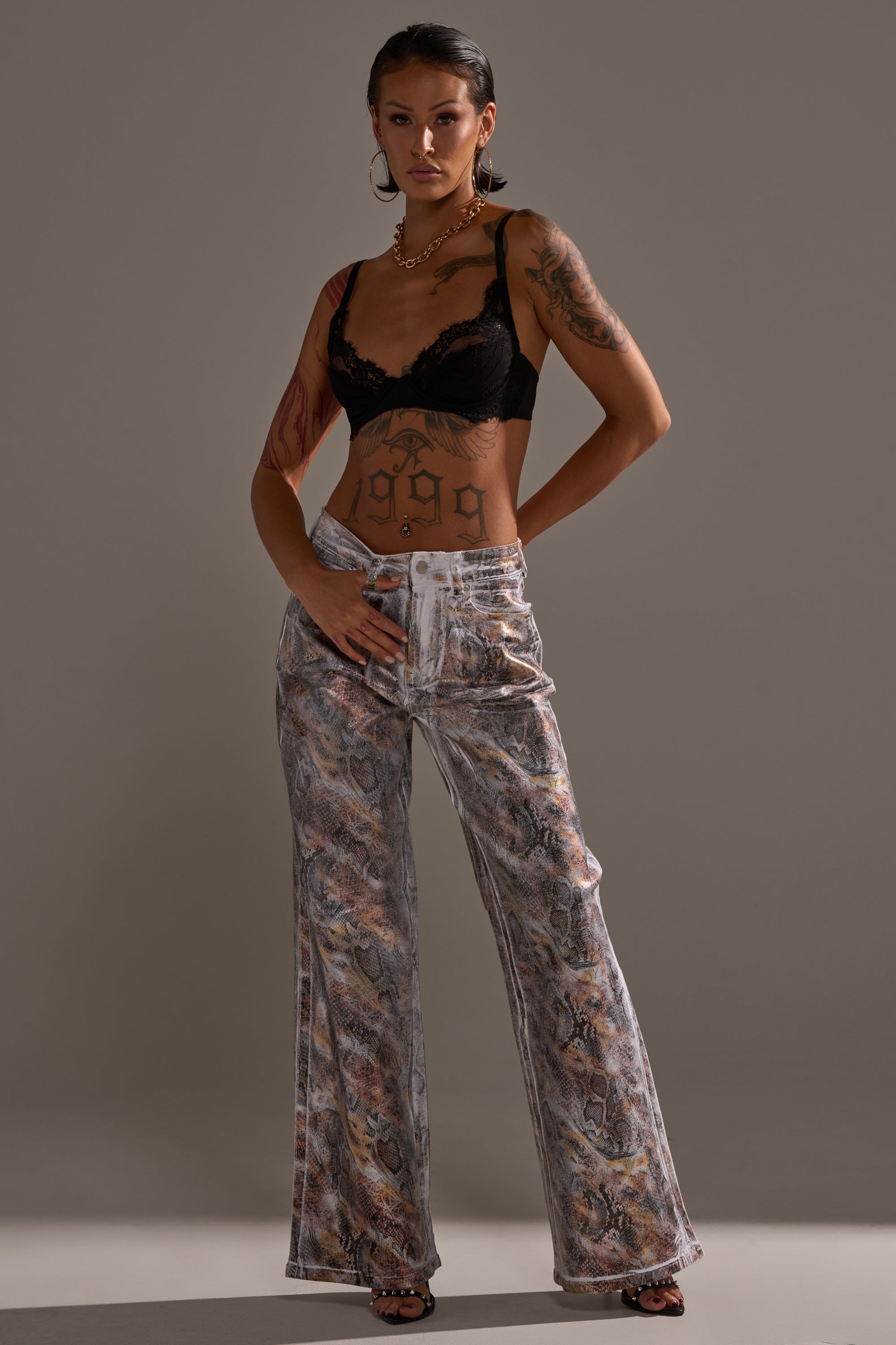 ADDICTED TO YOU METALLIC SNAKE WIDE LEG DENIM