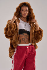 LOOK AT ME NOW HOODED FUR BOMBER IN BROWN
