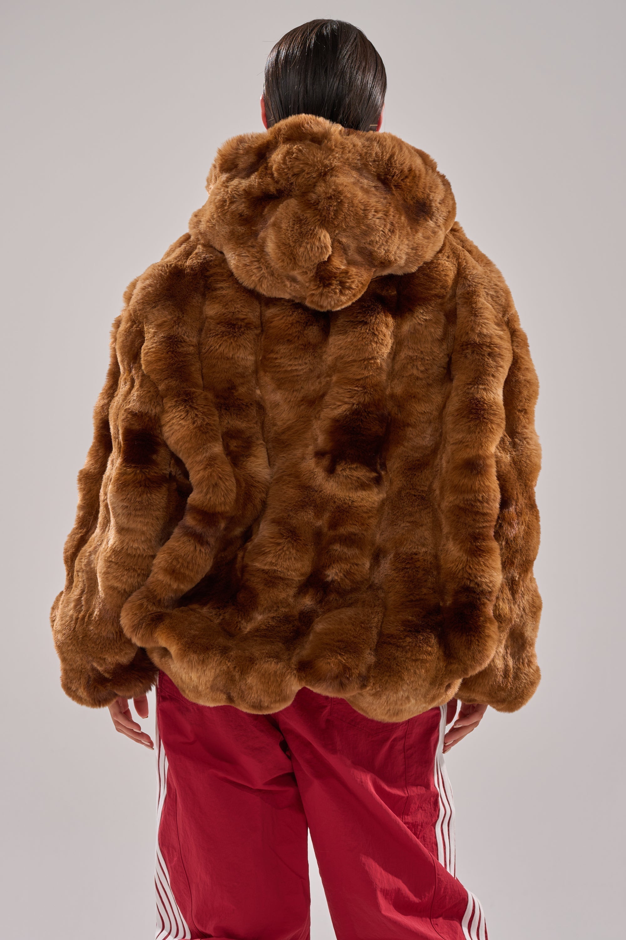 LOOK AT ME NOW HOODED FUR BOMBER IN BROWN