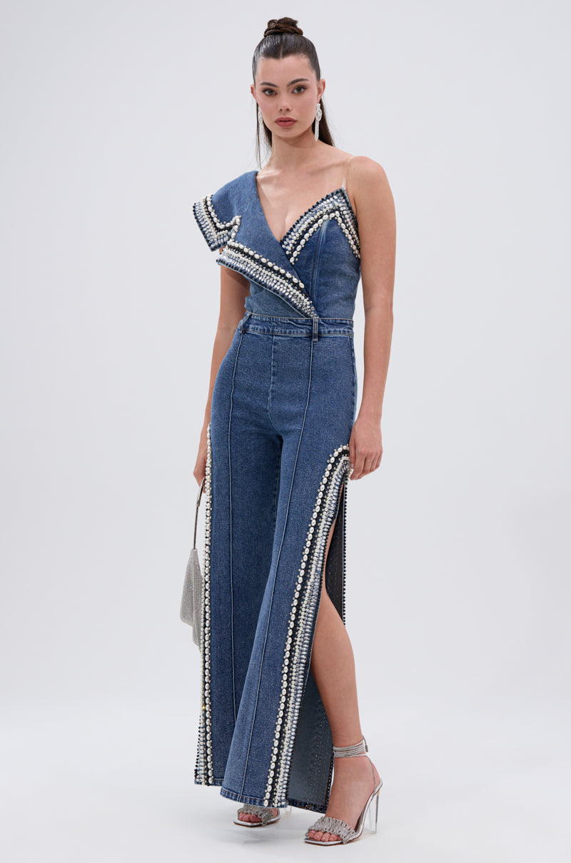 LUXURIOUS DENIM ASYMMETRICAL PEARL BODYSUIT