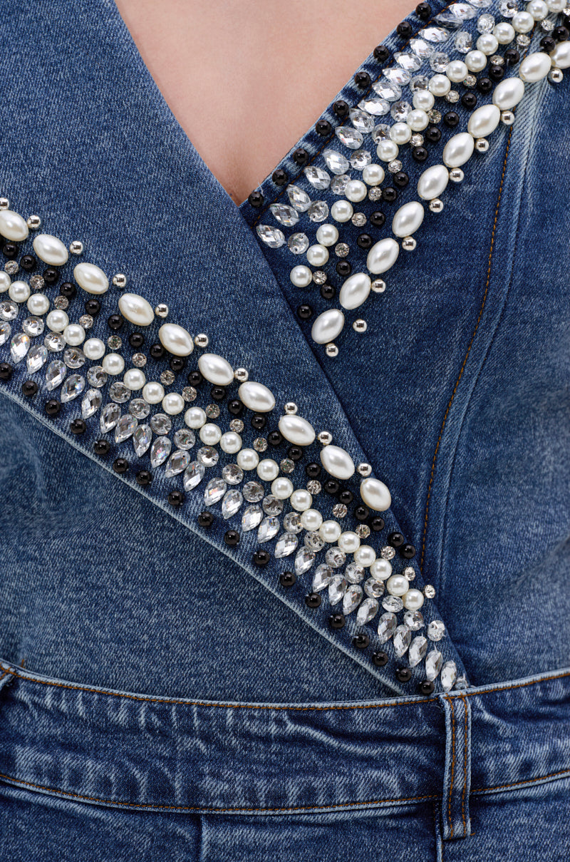 LUXURIOUS DENIM ASYMMETRICAL PEARL BODYSUIT