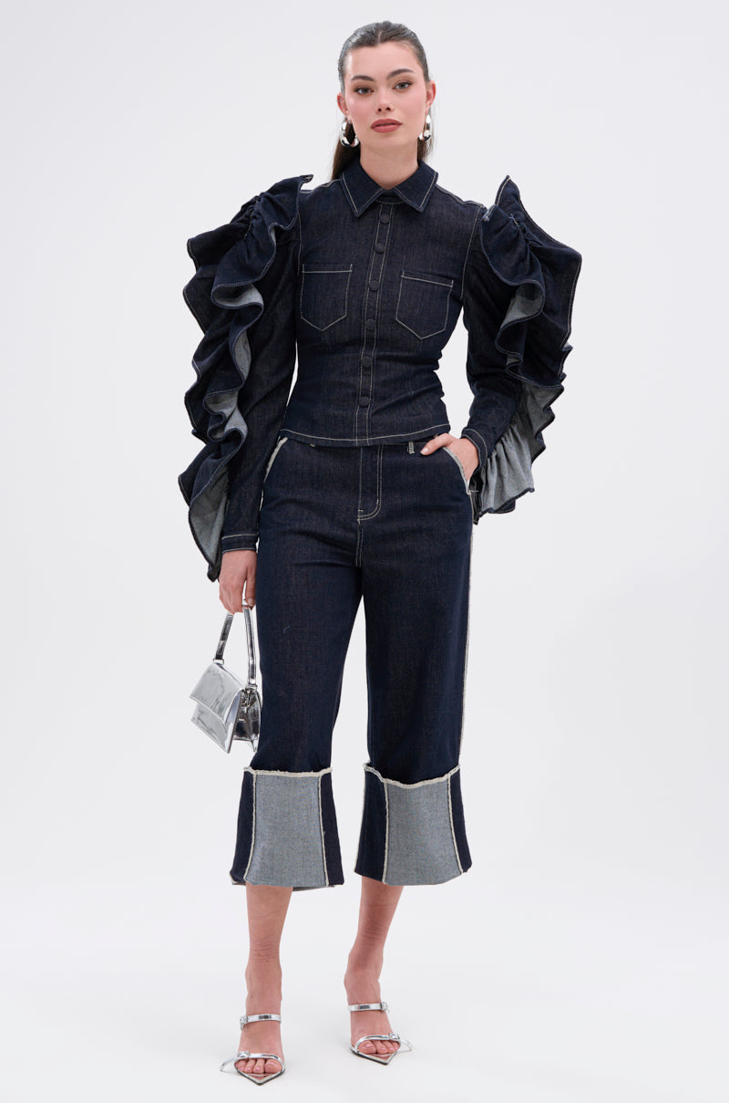 RUFFLED UP LONG SLEEVE DENIM TOP