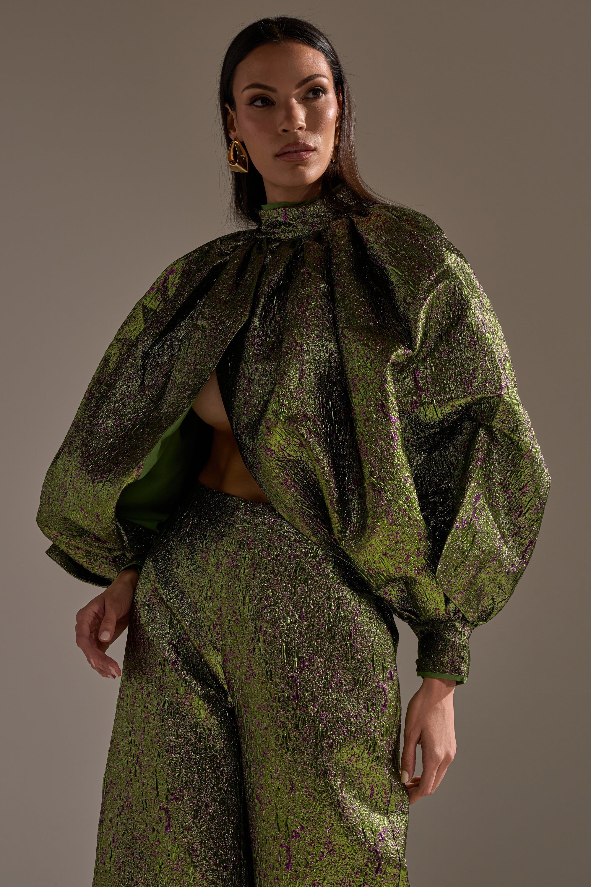 LAYLA BROCADE PUFF SLEEVE MOCK NECK TOP