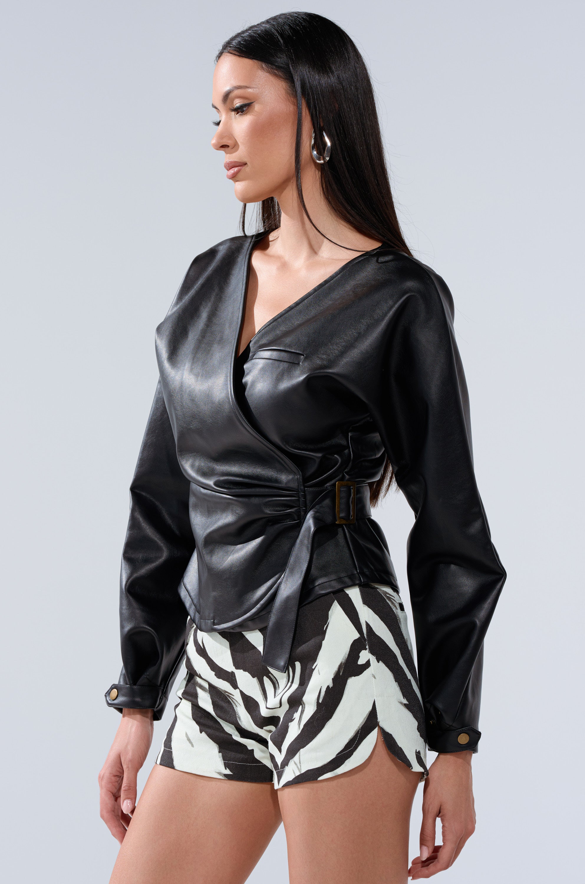 EASY ENOUGH FAUX LEATHER TIE FRONT BLOUSE
