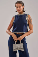 POPPIN OUT RHINESTONE DENIM BLOUSE IN DARK WASH DENIM