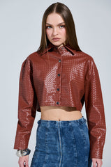 LUXURY GIRL WOVEN PU CROPPED BUTTON UP SHIRT