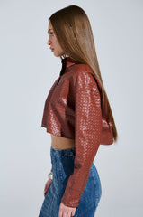 LUXURY GIRL WOVEN PU CROPPED BUTTON UP SHIRT