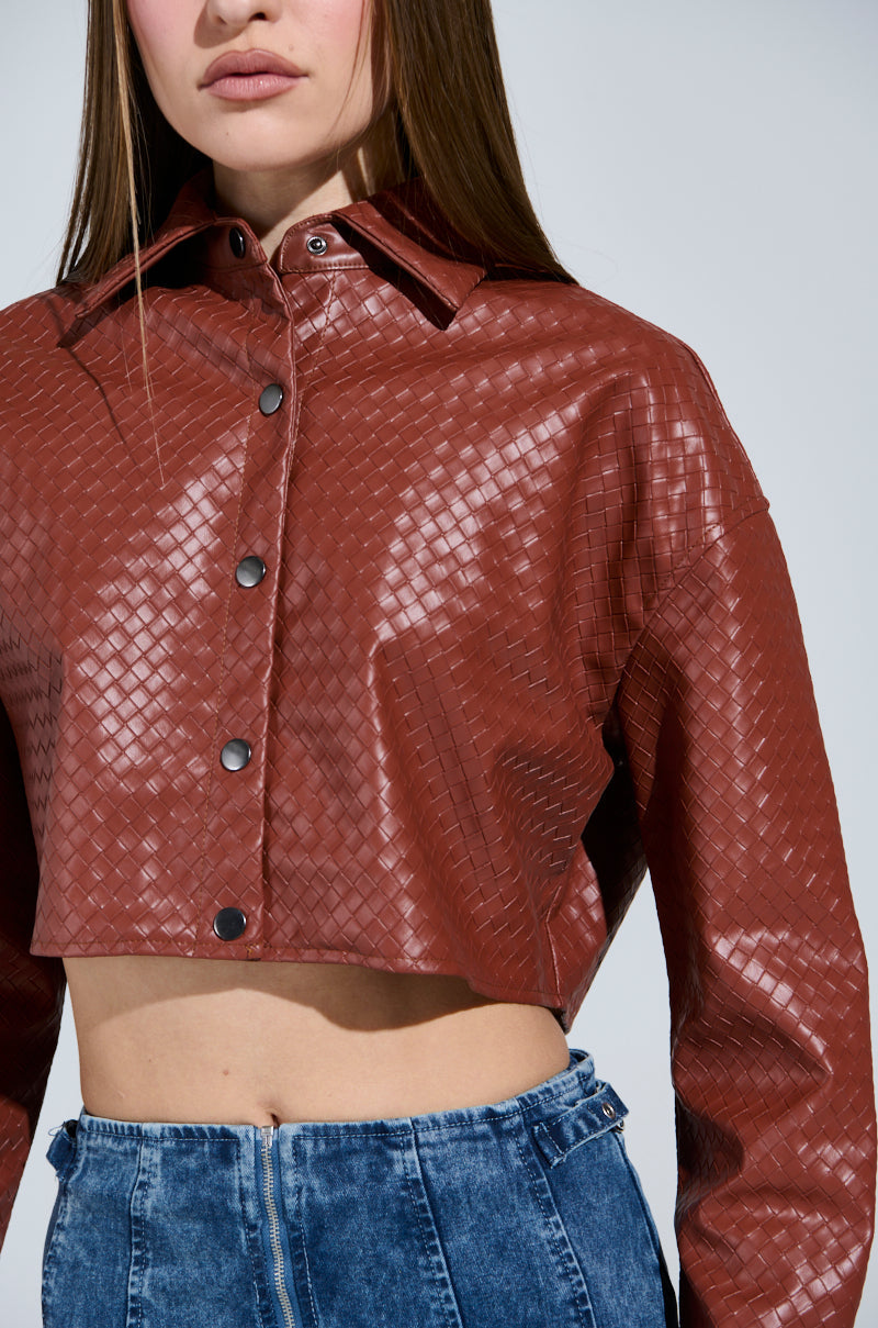 LUXURY GIRL WOVEN PU CROPPED BUTTON UP SHIRT