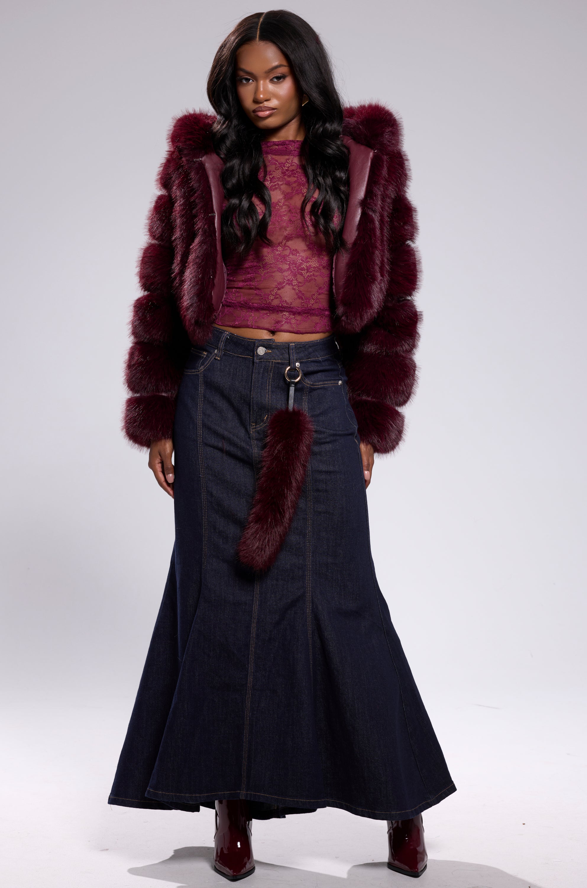 JOLENE FAUX FUR COAT IN BURGUNDY