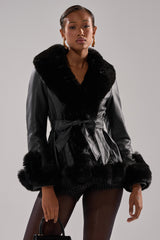 KENZY FUR TRIM PEPLUM MOTO IN BLACK