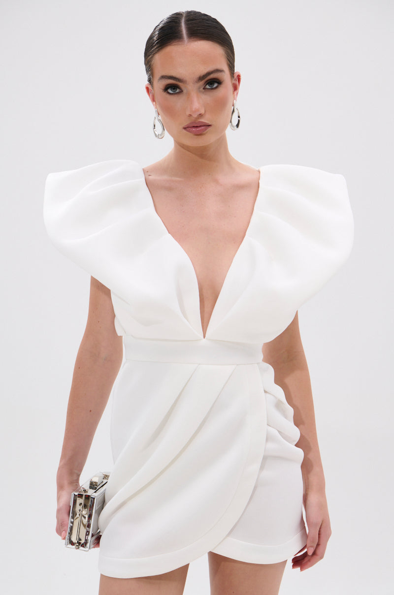 IRREPLACEABLE RUFFLE SLEEVE TULIP HEM MINI DRESS IN WHITE