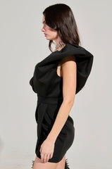 IRREPLACEABLE RUFFLE SLEEVE TULIP HEM MINI DRESS IN BLACK
