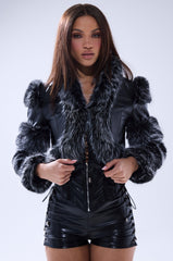 LOVERBOY FAUX FUR MOTO JACKET IN BLACK