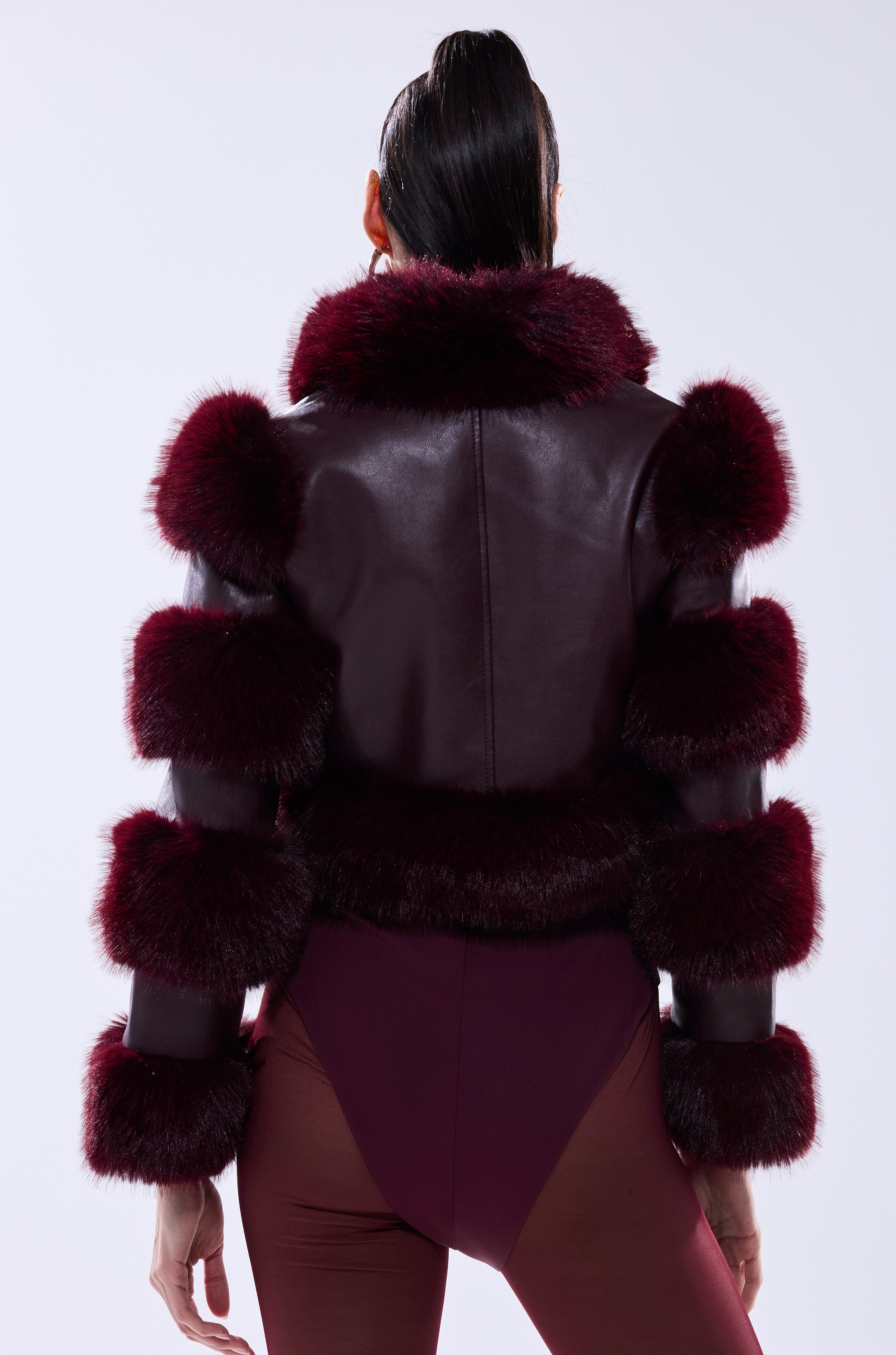 LOVERBOY FAUX FUR MOTO JACKET IN BURGUNDY