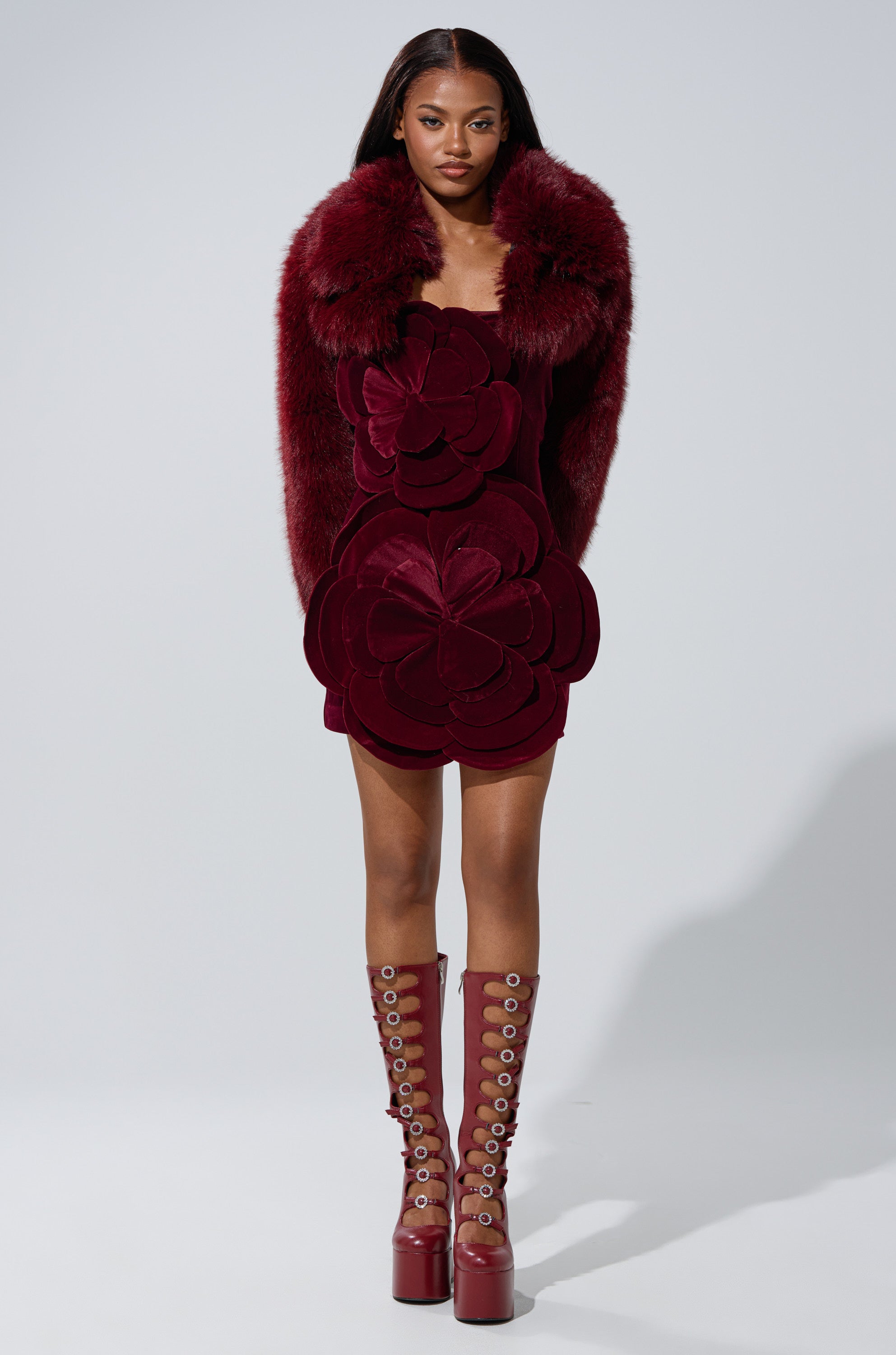 LEILA ULTRA CROP FAUX FUR IN BURGUNDY