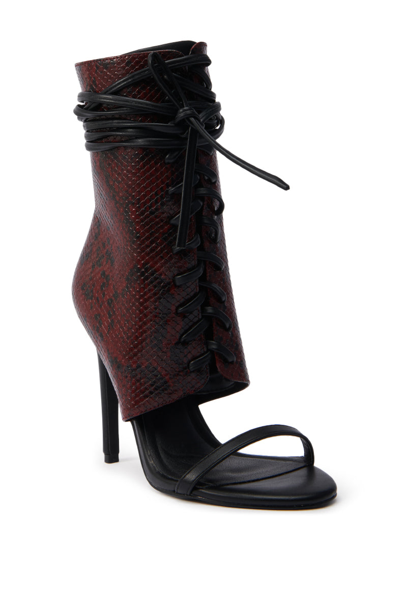 AZALEA WANG NOLYN BURGUNDY SNAKE OPEN TOE BOOTIE