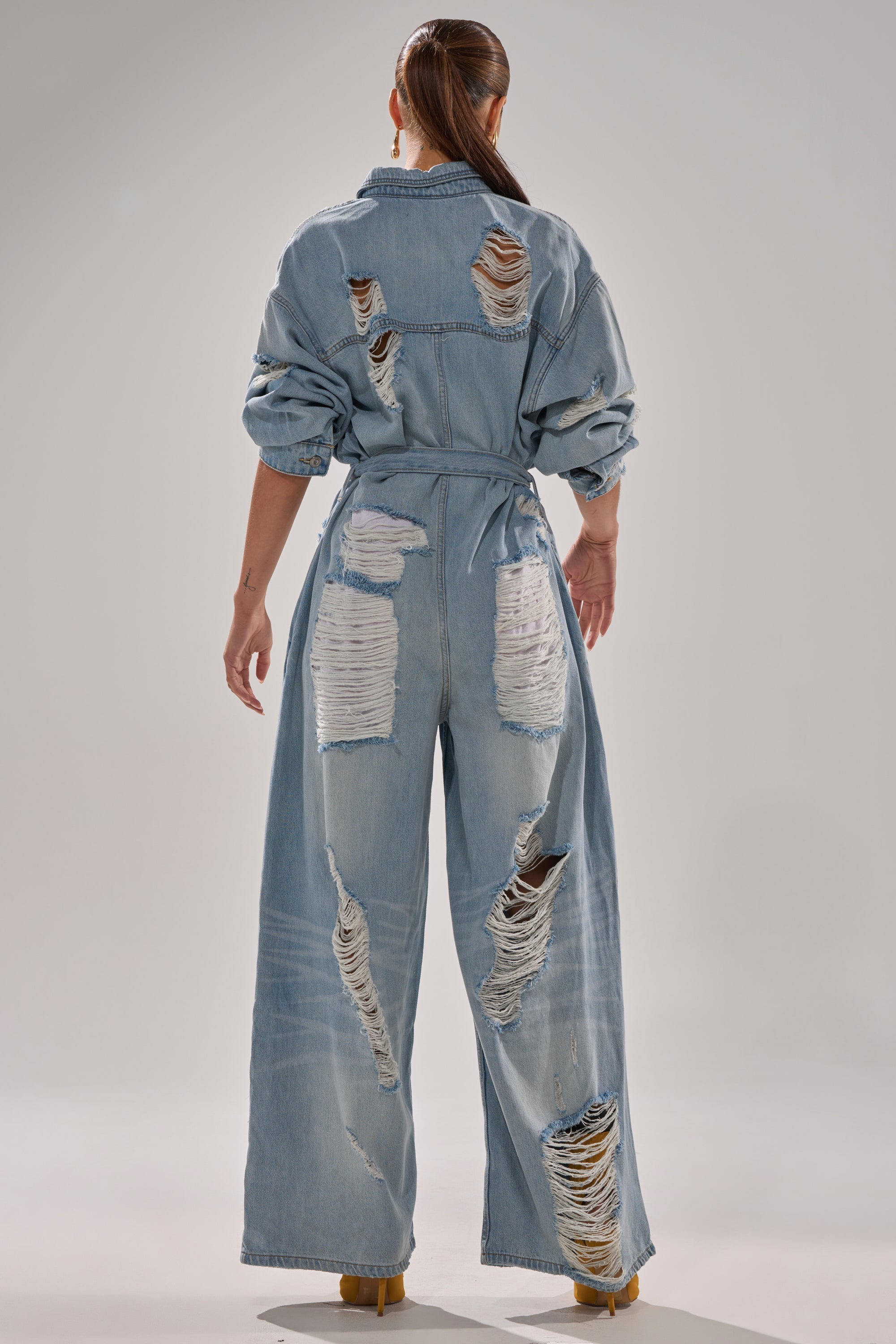 NOT TODAY EXTREME OVERSIZED DISTRESSED DENIM JUMPSUIT