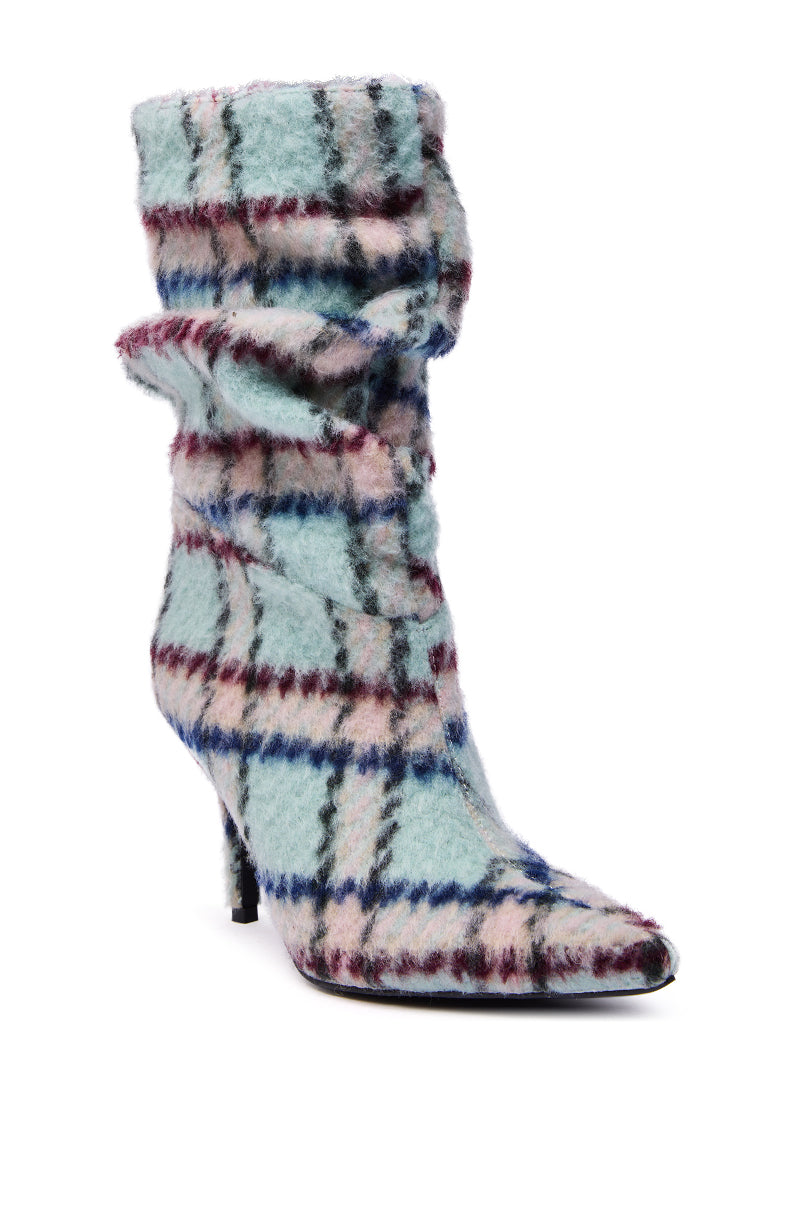 AZALEA WANG SANJIV BLUE MULTI PLAID STILETTO BOOTIE