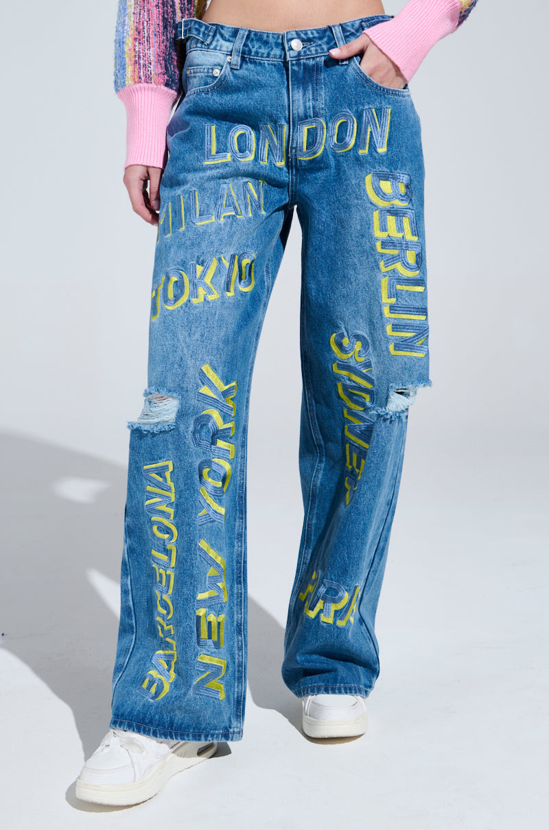 JETSETTER EMBROIDERY WIDE LEG JEANS