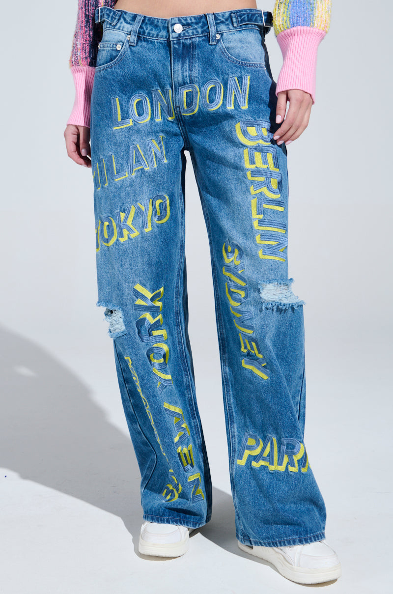 JETSETTER EMBROIDERY WIDE LEG JEANS