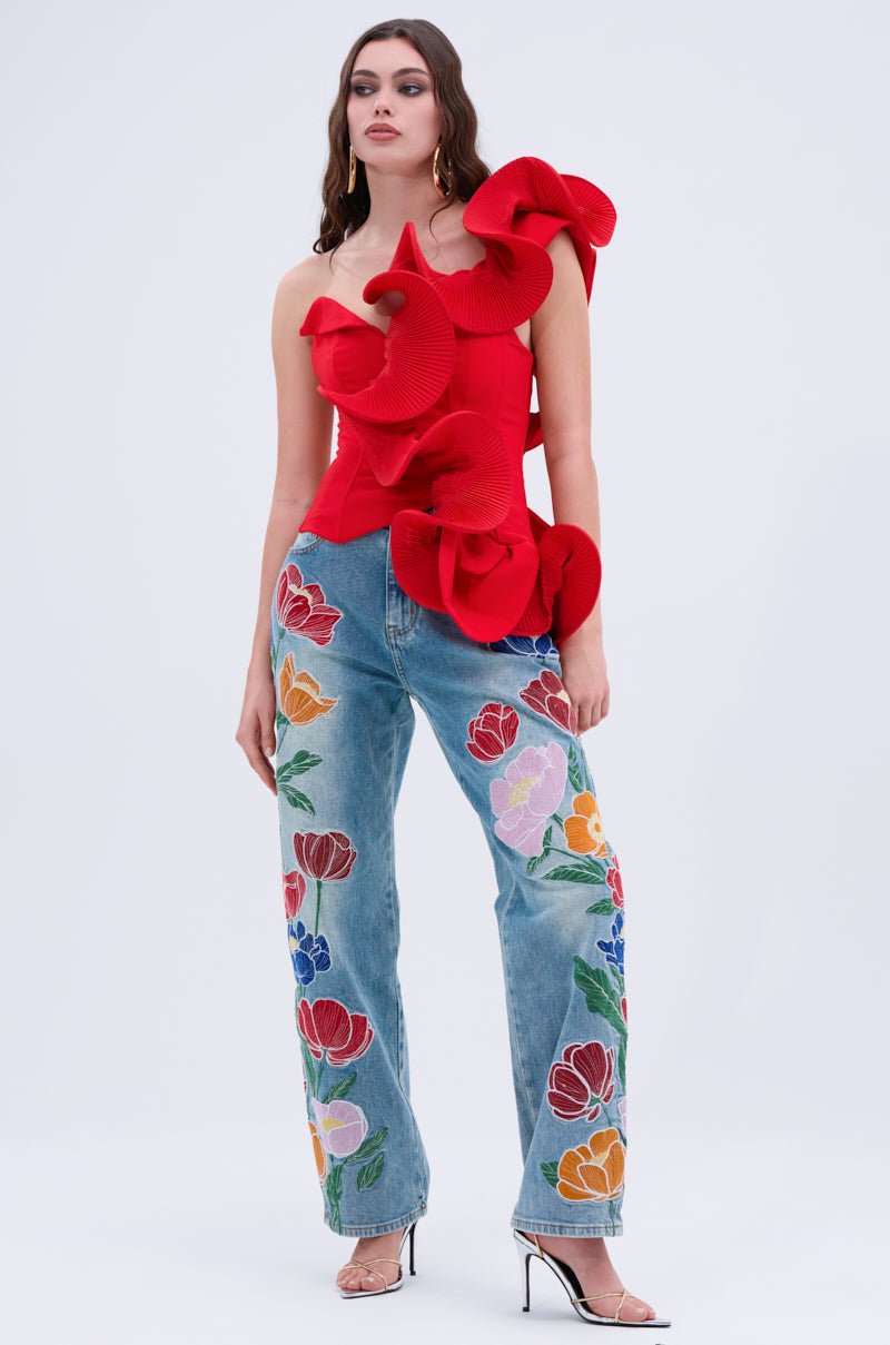 INTO THE GARDEN FLORAL EMBROIDERED DENIM JEANS